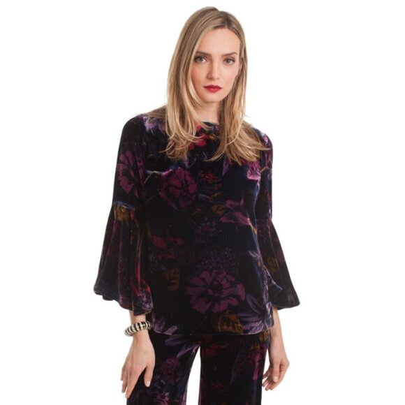 💕TRINA TURK💕 Astral Top ~ Velvet Abstract Floral Long Sleeve Bell Sleeve M NWT - Picture 3 of 13